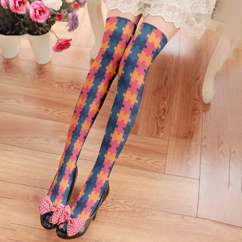 Harajuku Puzzle Plaid Knee Socks | Kawaii Novelty Stockings Novelty Knee Socks Qme
