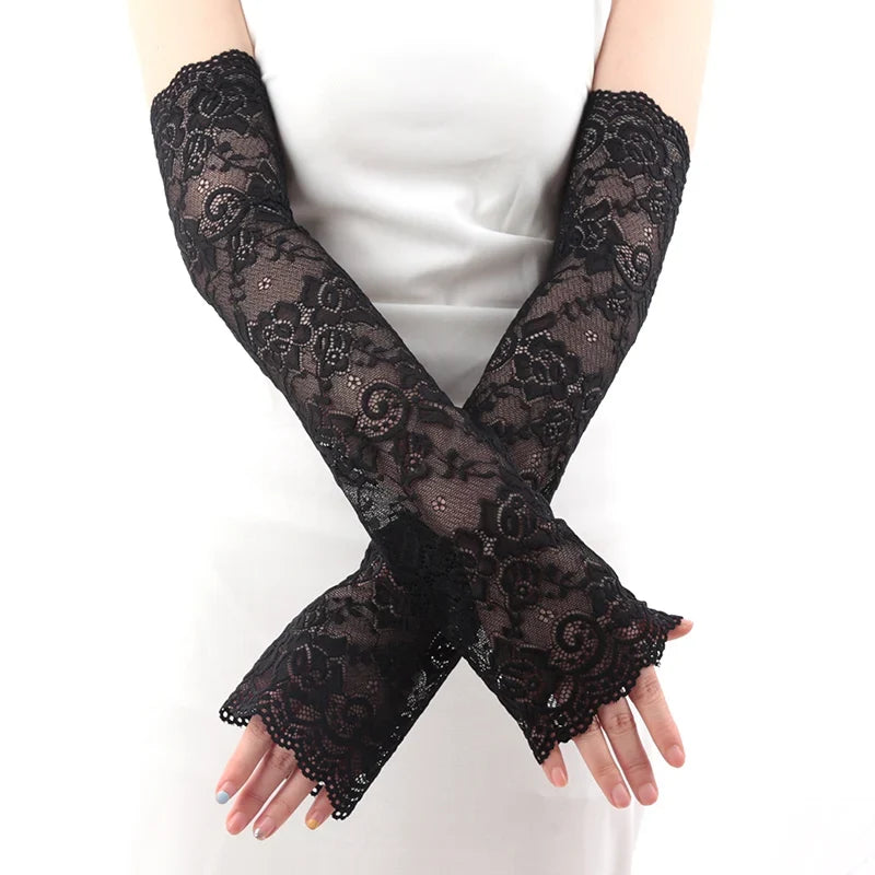 Women's Long Lace Fishnet Mesh Fingerless Gloves 47cm Fingerless Lace Gloves Qme black One Size