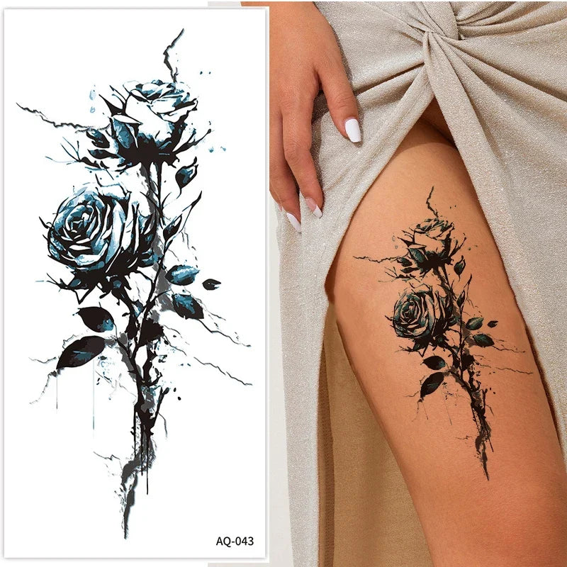 Blue Rose Leg Temporary Tattoo Stickers – Realistic & Colorful Temporary Tattoo Sticker Qme