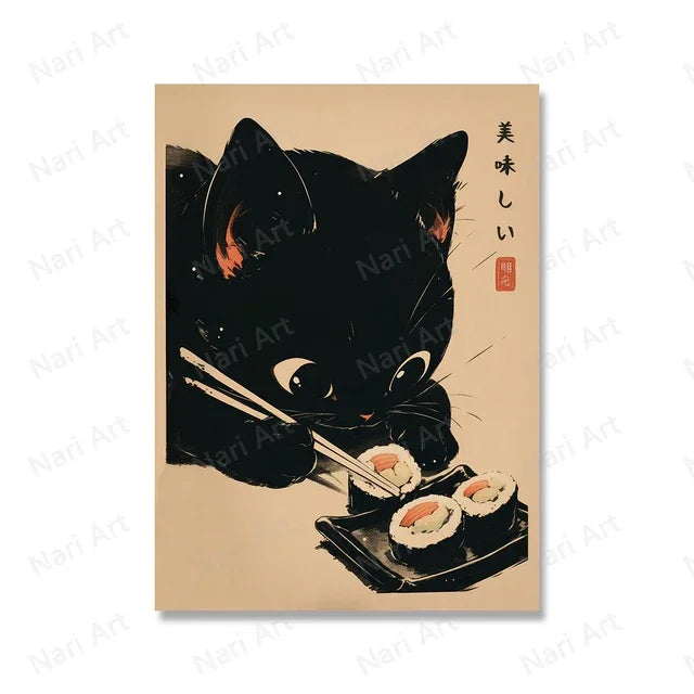 Retro Japanese Sushi Cat Canvas Wall Art – Kitchen & Bar Decor Canvas Wall Art Qst P1 20x30cm Unframed