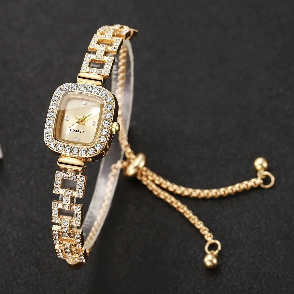 Women's Gold Square Rhinestone Bracelet Quartz Watch Bracelet Watch Qme