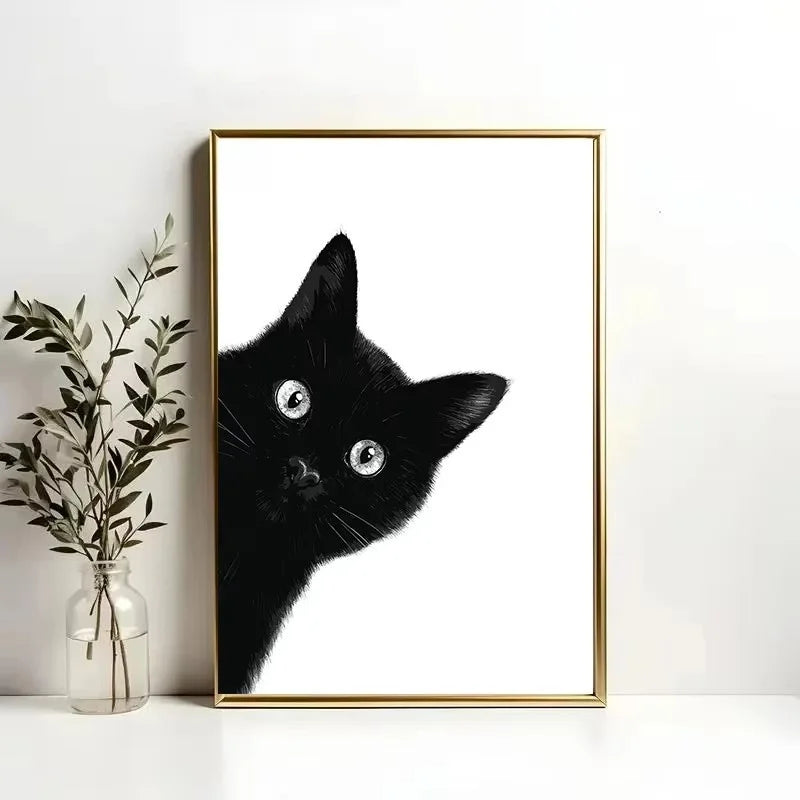 Peeping Black Cat Canvas Wall Art – Funny Minimalist Poster