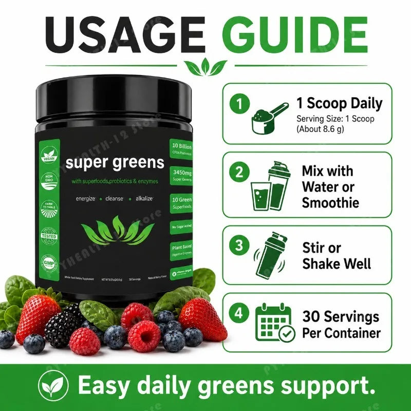 Super Greens Powder – Fruits, Veggies & Probiotics, 30 Servings Greens Supplement Powder Qst