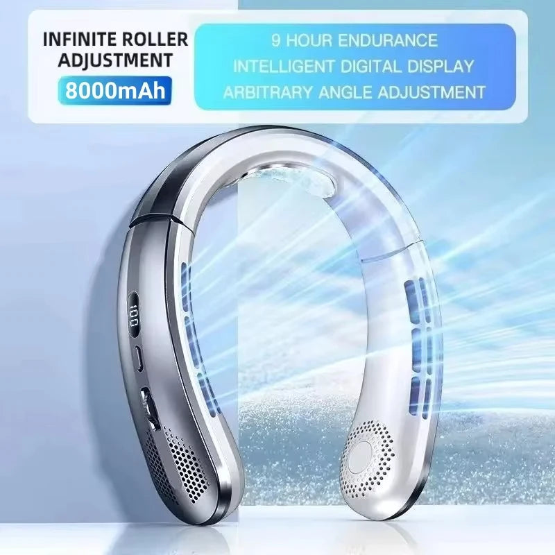 8000mAh Bladeless Neck Fan – USB Rechargeable, 100 Speeds Wearable Neck Fan Qst grey