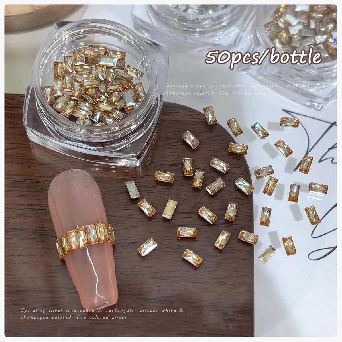 50pcs Zircon Nail Rhinestones 2x4mm Strip – Clear & Champagne Nail Art Rhinestones Qme champagne 50pcs