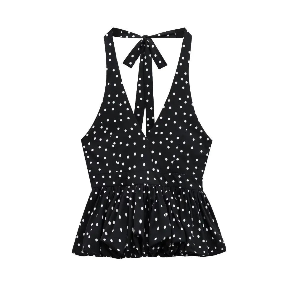 Women's Y2K Lace-Up Pleated Dot Camisole Crop Top – 6 Colors Camisole Crop Top Qme A L