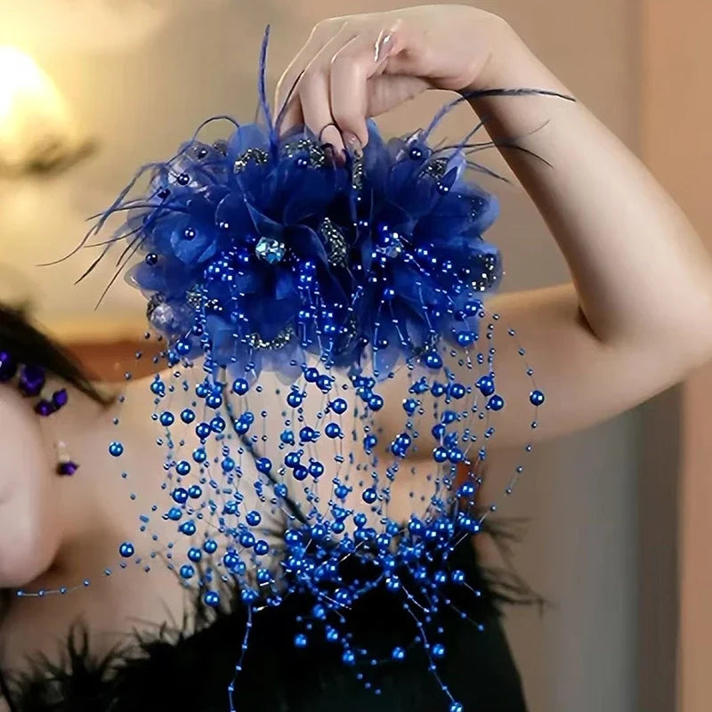 Women's Luxury Mesh Flower Pearl Tassel Hair Clips Hair Clip Qme