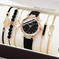Women's Analog Quartz Watch & Leather Bracelet Set – 6 Pcs Watch & Bracelet Set Qme Boxes not included
