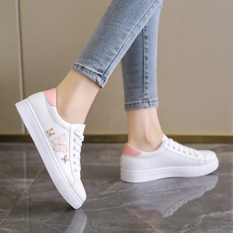 Women's White Lace-Up Flat Sneakers – Breathable Casual Shoes Women's Flat Sneakers Qst