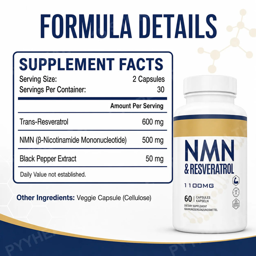 NMN 500mg Trans-Resveratrol 600mg Daily Vitality Capsules Wellness Supplement Qst