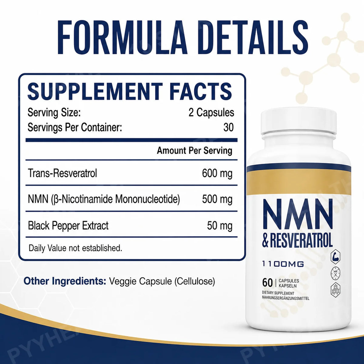 NMN 500mg Trans-Resveratrol 600mg Daily Vitality Capsules Wellness Supplement Qst