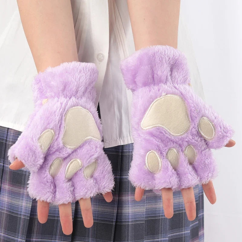 Women's Plush Cat Claw Gloves – Cute Bear Paw Fingerless Mittens Fingerless Novelty Gloves Qme