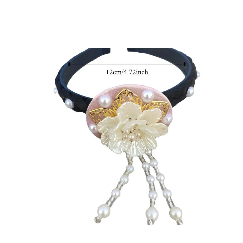 Korean Hanbok Flower Headband – Beaded Pearl Tassel Hairband Beaded Hair Headband Qme