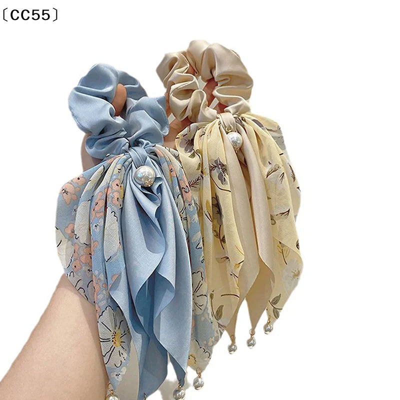 Chiffon Floral Hair Scrunchie – Vintage Ponytail Scarf Tie Hair Scrunchie Qst