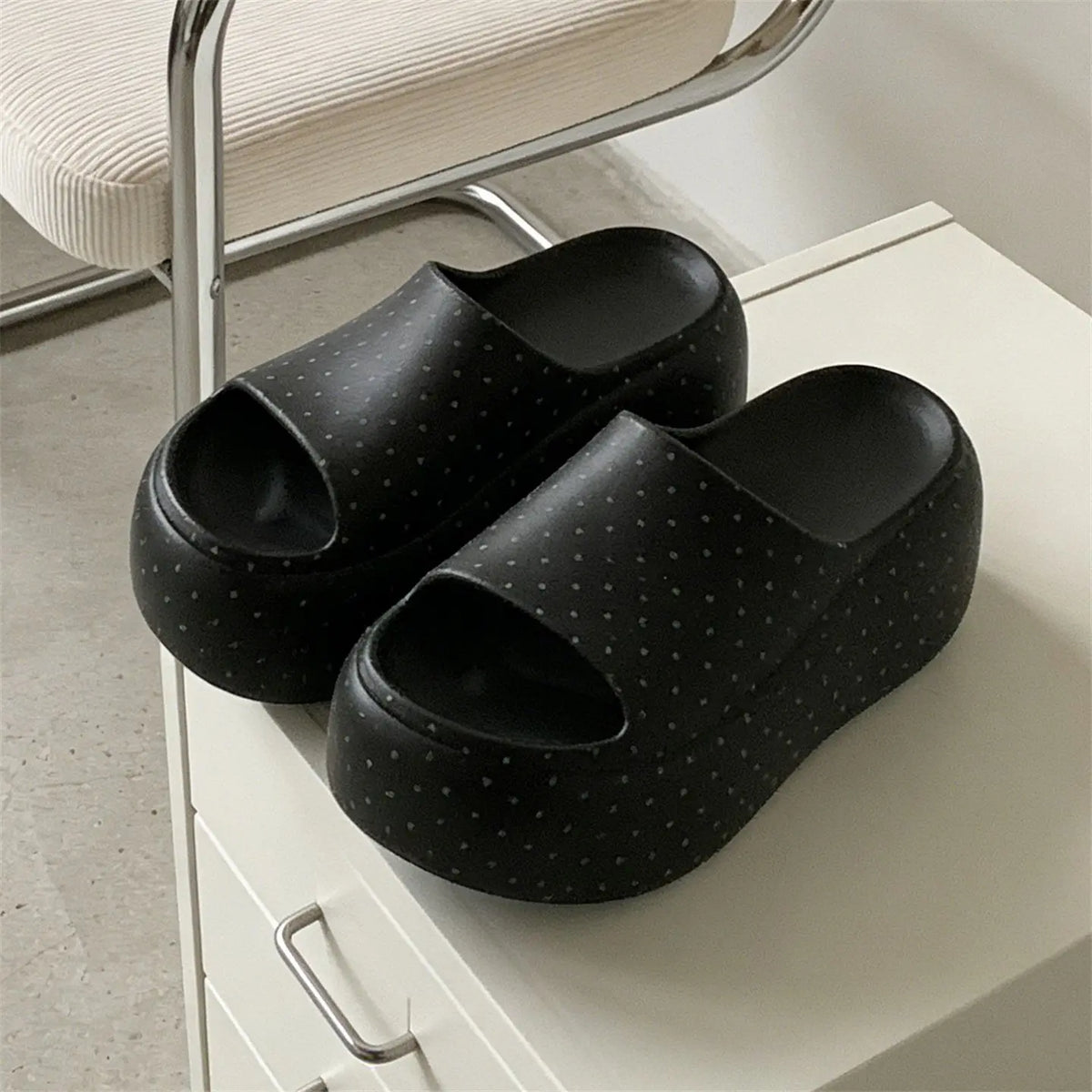 Women's Polka Dot Platform Slides – Thick EVA Sole Slippers Platform Slides Qst Black 35-36