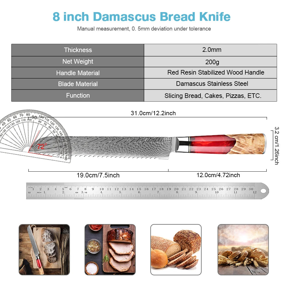 XITUO 8-Inch Damascus Steel Serrated Bread Knife | Ergonomic Serrated Bread Knife Qst