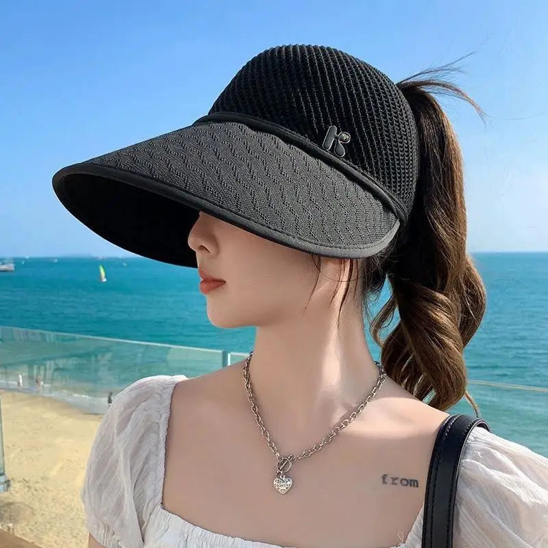 Women's Wide Brim Straw Sun Visor Hat | UV Beach Travel Cap Straw Sun Visor Hat Qst Black