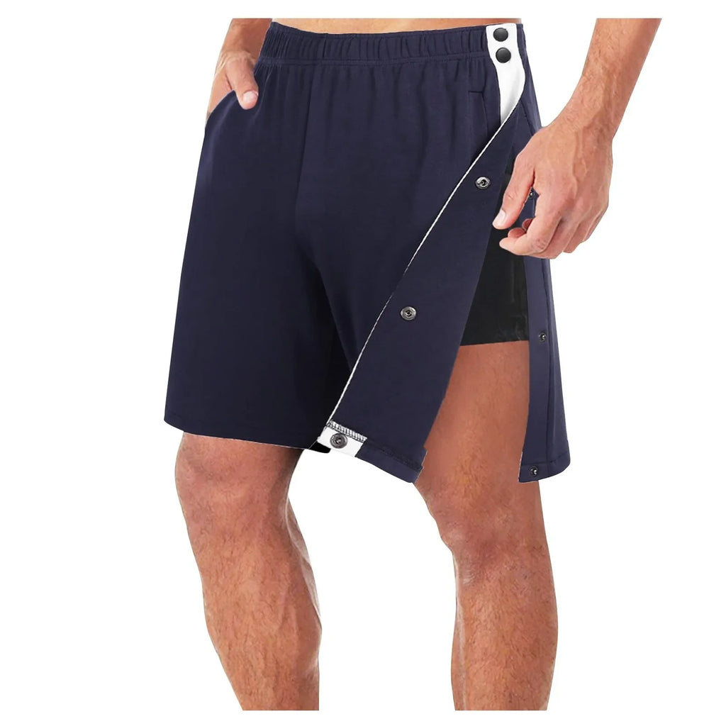 Men's Loose Elastic Waist Shorts | Side Buckle, Split & Pockets Men's Casual Shorts Qme Navy M