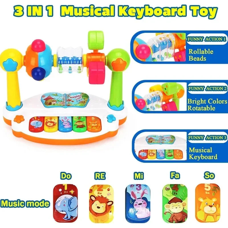 Baby Piano Toy – Rotating Music Keyboard with Lights & Sound Kids Musical Toy Qme