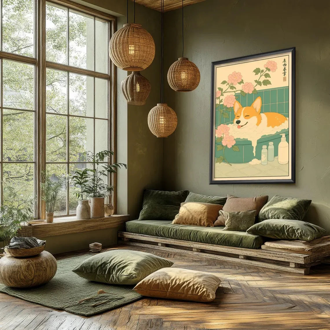 Ukiyo-e Corgi Bath Time Canvas Wall Art – Japanese Style Print Canvas Wall Art Qst