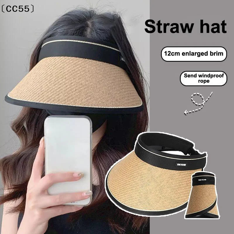 Women's Foldable Straw Visor – Open-Top UV Sun Hat Straw Sun Visor Qst