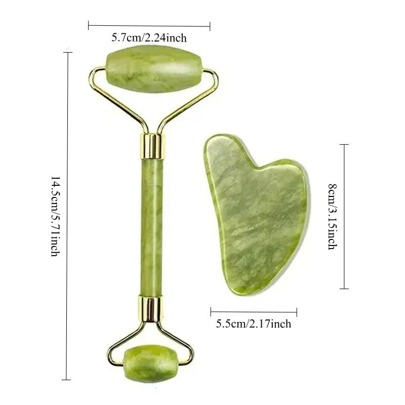 Natural Jade Roller & Gua Sha Stone Face Body Massager Jade Massage Tool Qme green