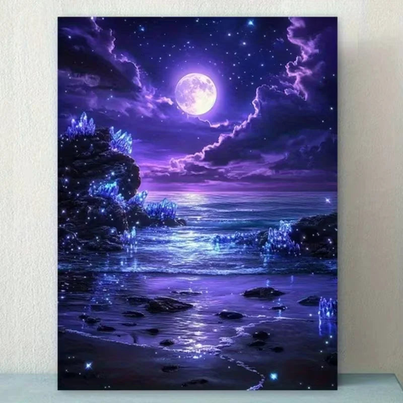 Frameless Canvas Wall Art – Full Moon Purple Beach Print Canvas Wall Art Qst