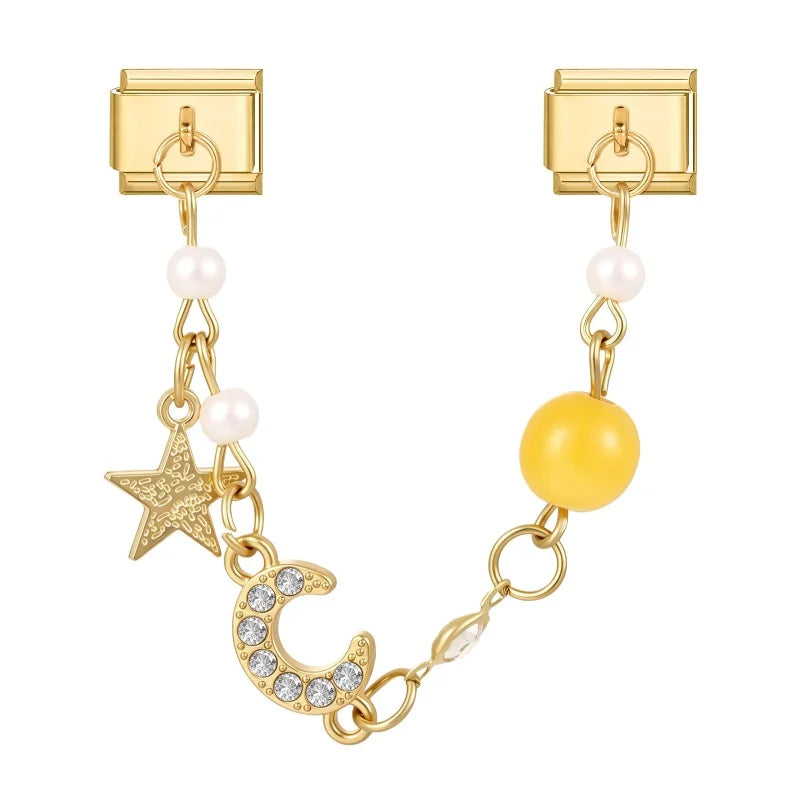 Retro Pearl Moon Zircon Gold Chain Tassel Charm | DIY Jewelry Charm Qme S 8