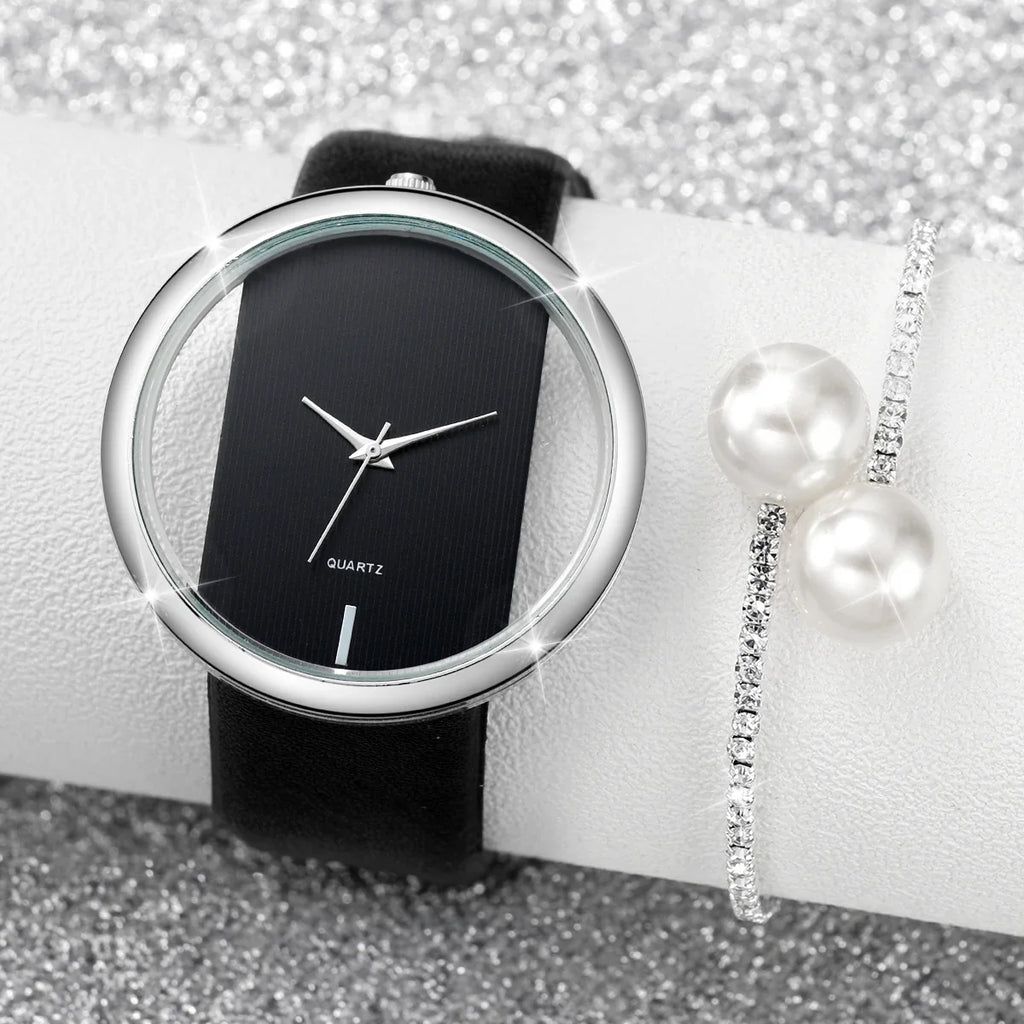 Women's 2-Piece Hollow-Out Dial Watch & Leather Bracelet Set Watch & Bracelet Set Qme