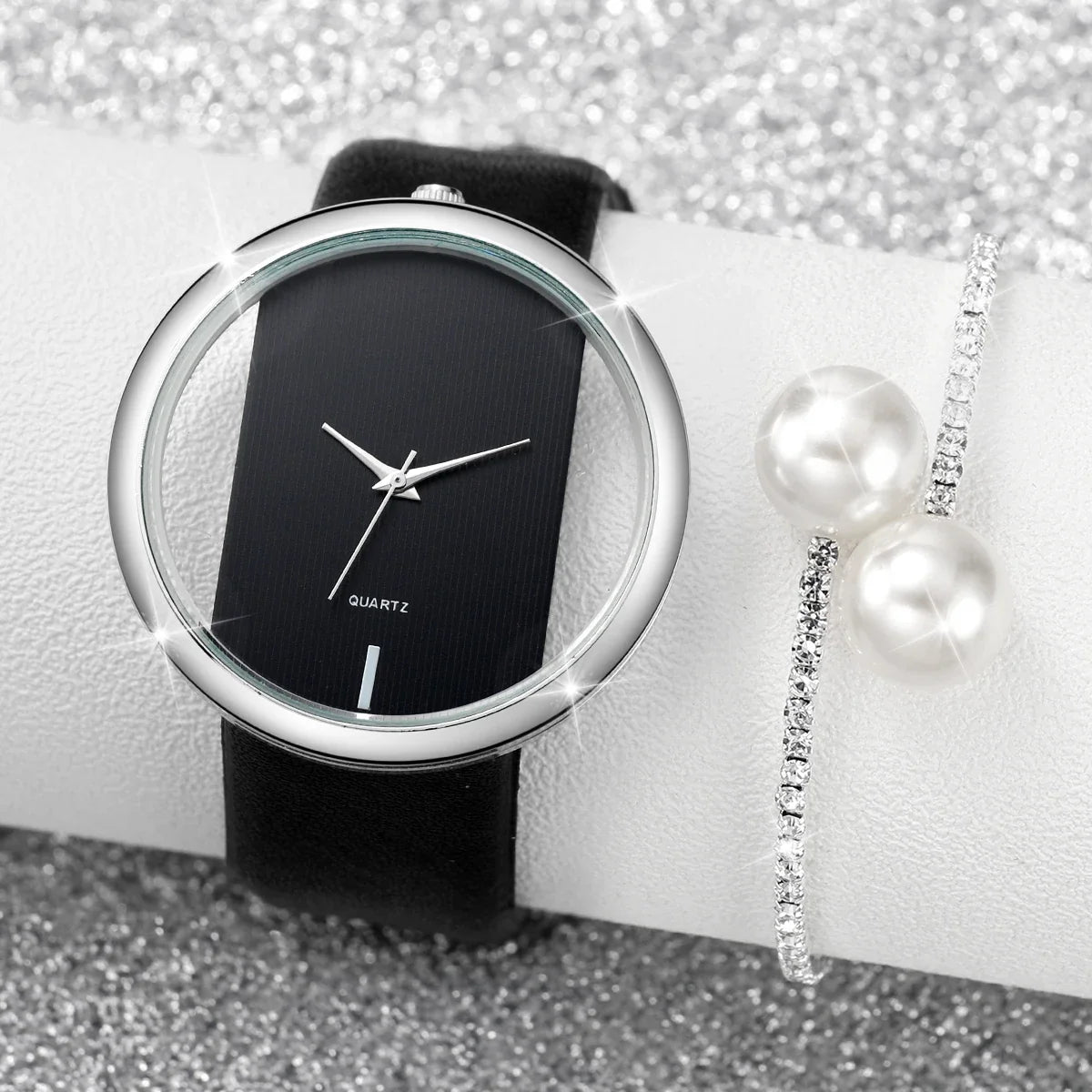 Women's 2-Piece Hollow-Out Dial Watch & Leather Bracelet Set Watch & Bracelet Set Qme