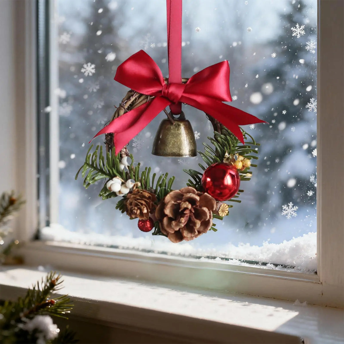 Christmas Mini Wreath with Bell & Bow – Artificial Holiday Decor Christmas Wreath Decor Qme