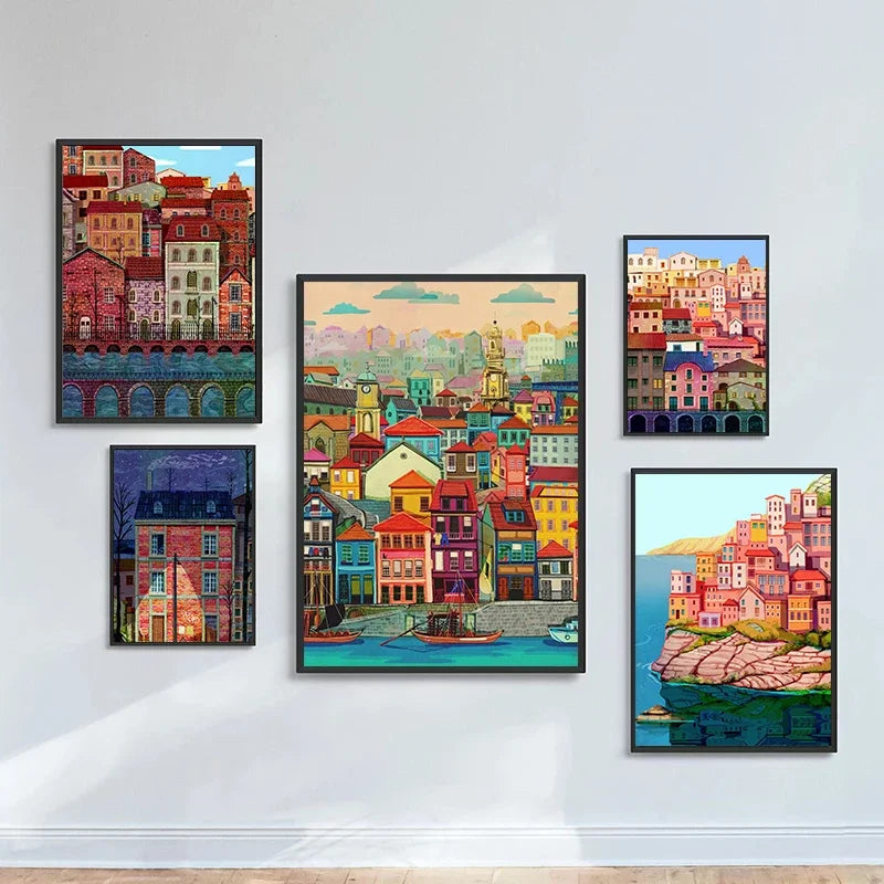 Colorful City Landscape Nordic Canvas Wall Art Print | No Frame Canvas Wall Art Qst