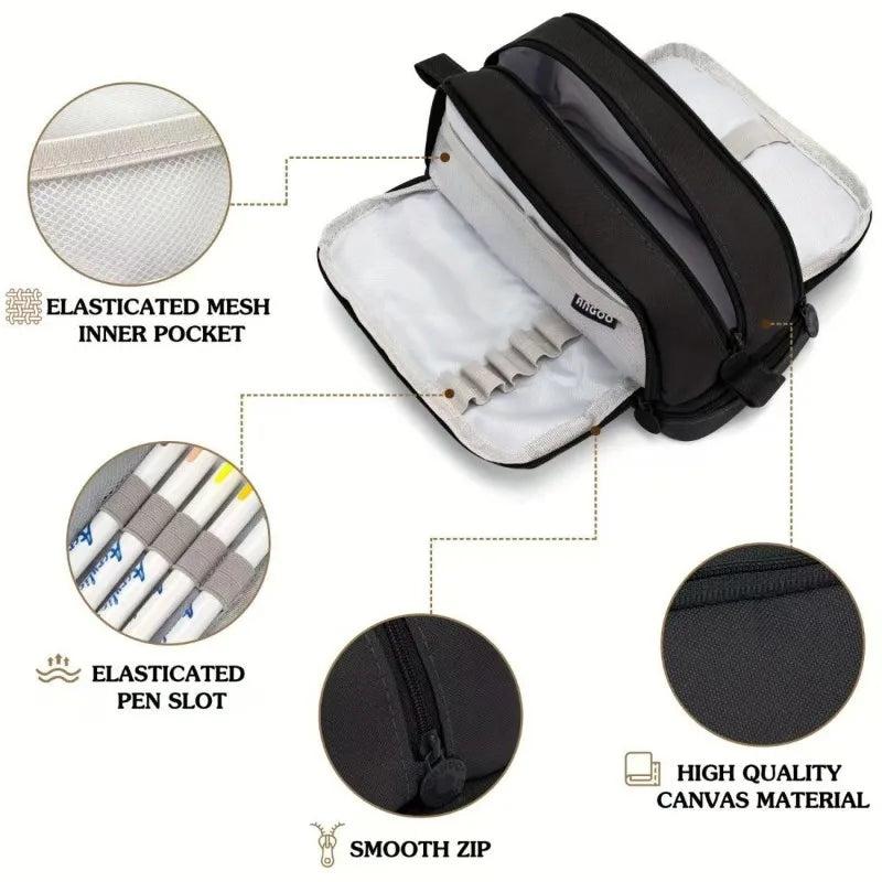 Large 4-Compartment Pencil Pouch Bag with Zipper & Handle Pencil Pouch Qme