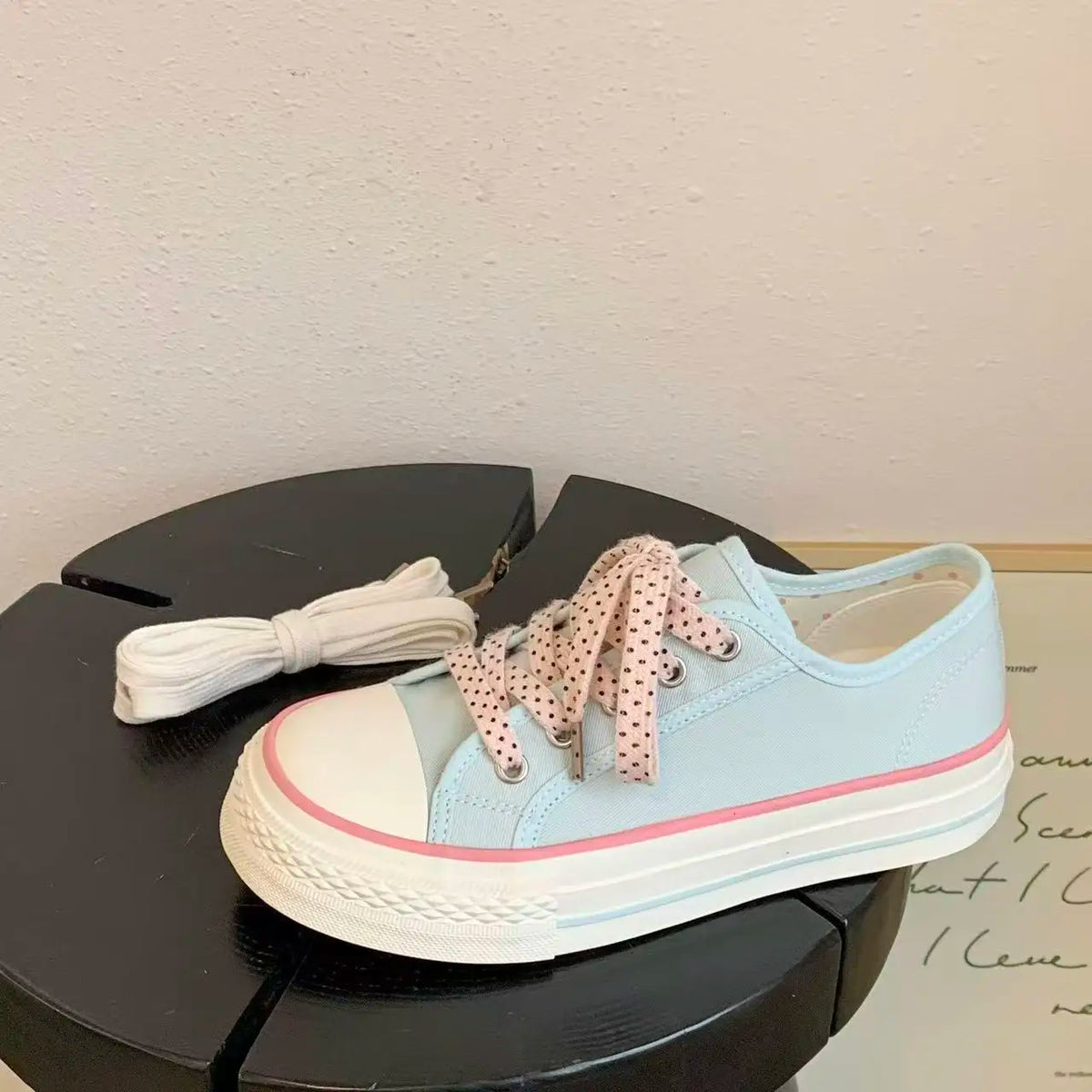 Women's Pink Canvas Sneakers – Polka Dot Laces, Low Top Canvas Sneakers Qst Blue 36