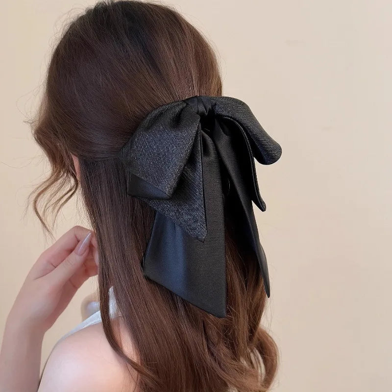 Glossy Pleated Bow Half-Up Hair Clip | Ribbon Barrette Bow Hair Clip Qme