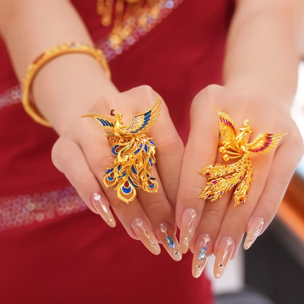 Retro Sand Gold Phoenix Enamel Statement Ring | Palace Style Statement Ring Qme