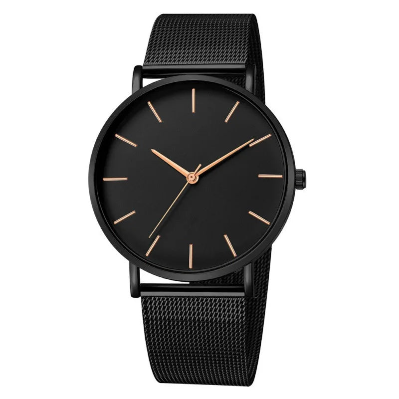 Men's Ultra Thin Black Stainless Steel Quartz Watch Men's Quartz Watch Qme Rose No
