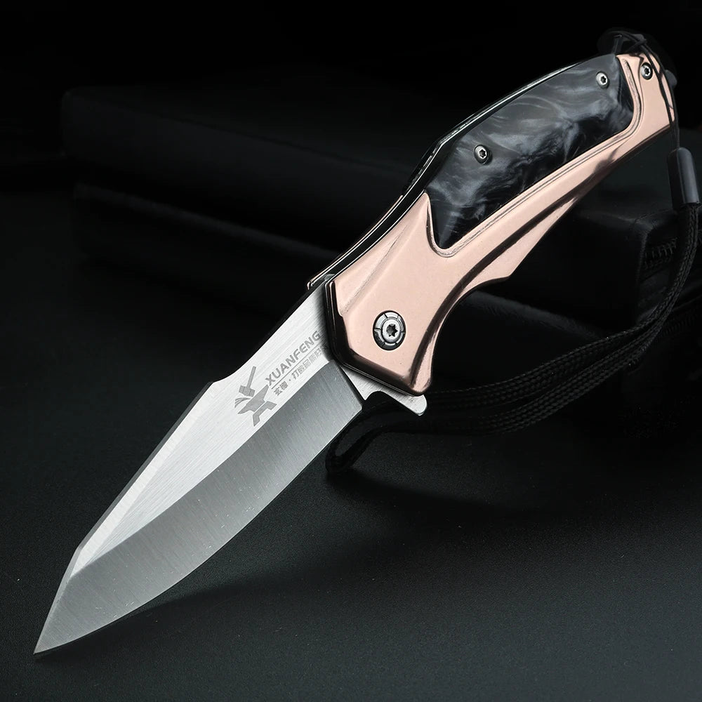 XUAN FENG Golden Folding Knife – D2 Steel Camping Pocket Blade Folding Pocket Knife Qst