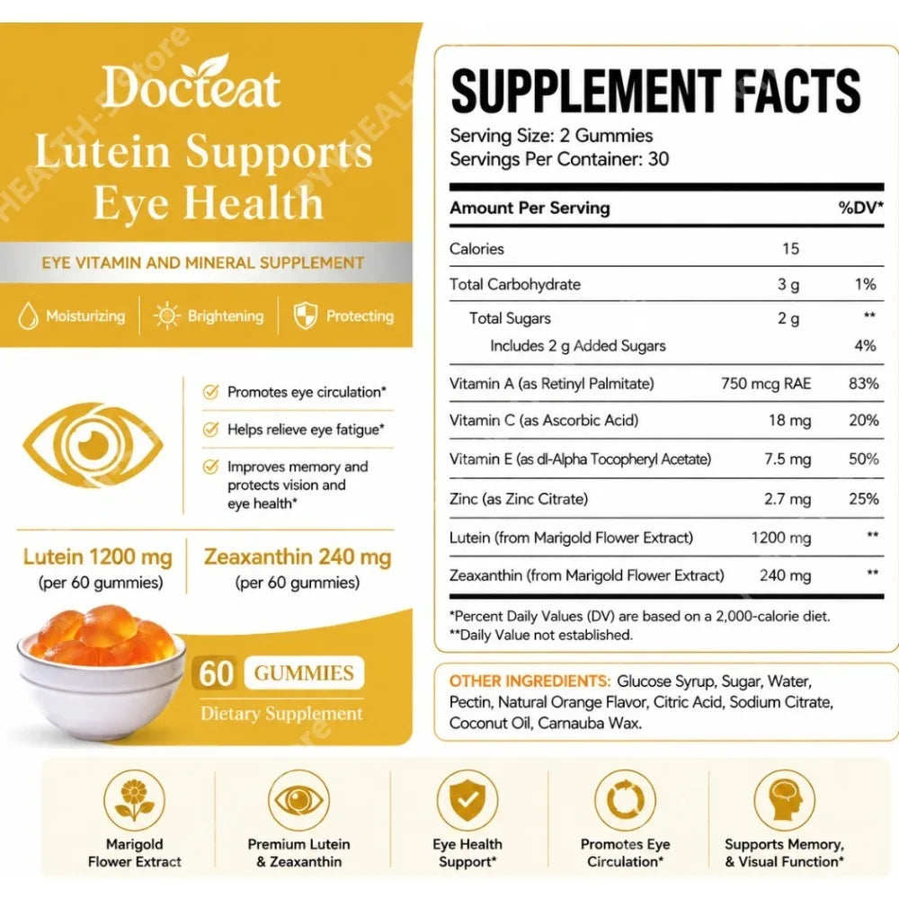 Docteat Lutein & Zeaxanthin Eye Gummies – 60ct Daily Eye Wellness Gummies Qst