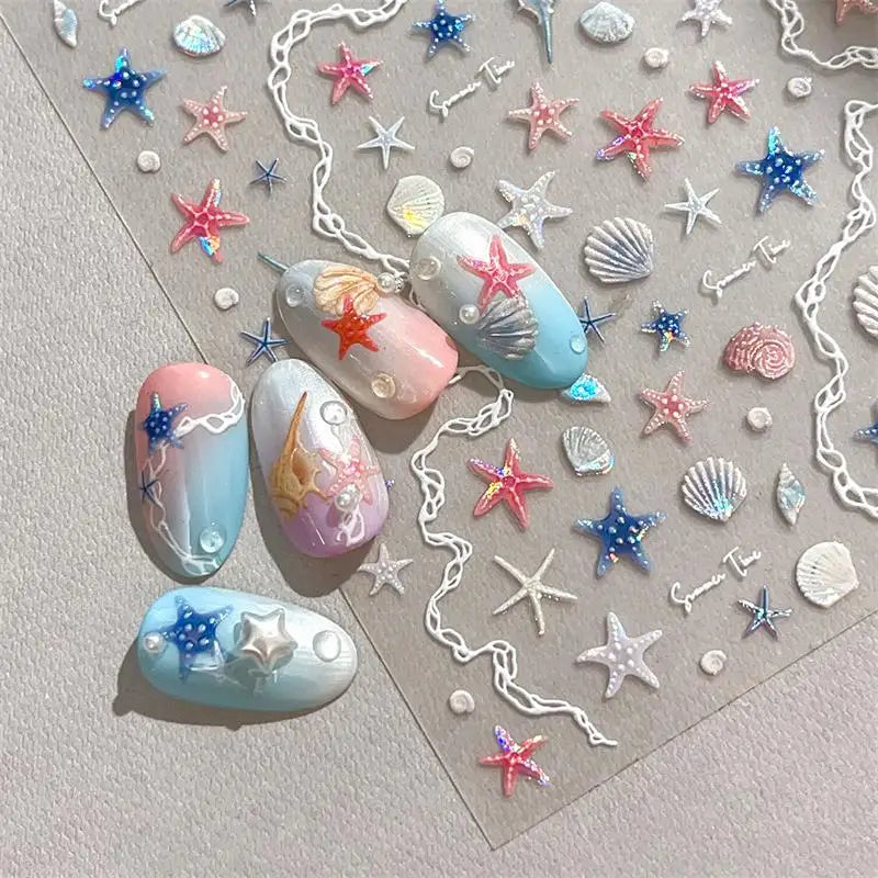 5D Embossed Ocean Nail Stickers – Starfish & Seashell Decals Nail Art Stickers Qst