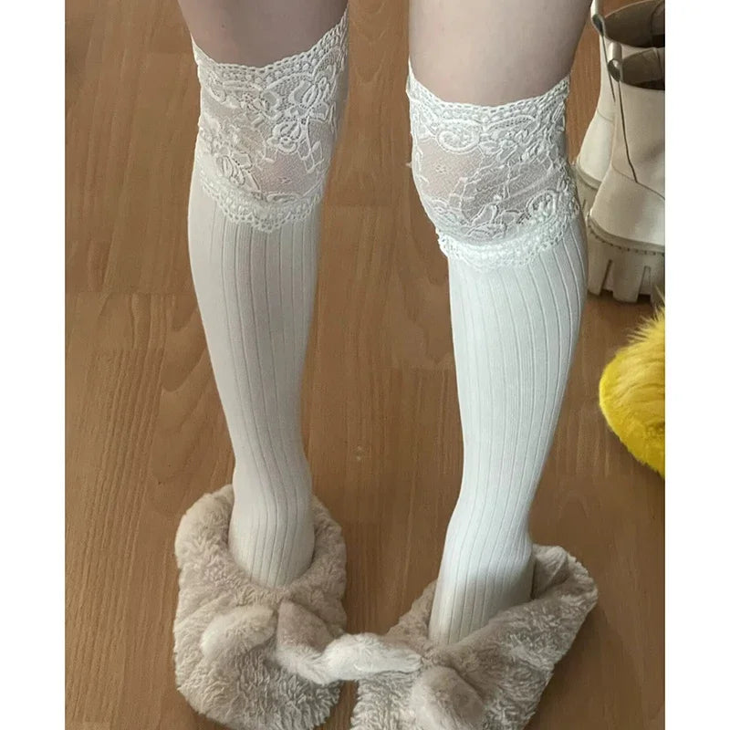 Women's Thigh High Boot Socks – Warm Lace Top Lolita Style Thigh High Socks Qme