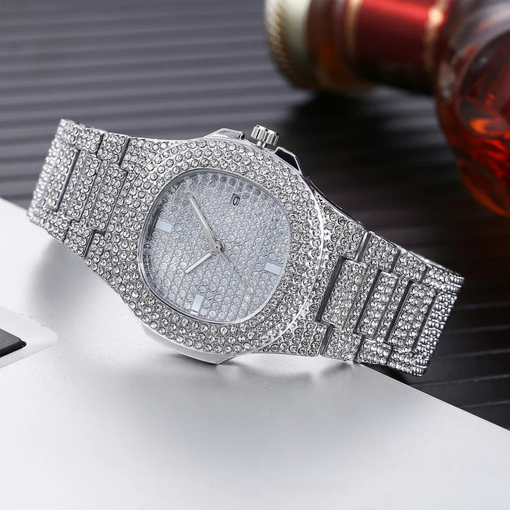 Diamond Studded Waterproof Quartz Watch – Alloy Fashion Watch Fashion Quartz Watch Qme Silver
