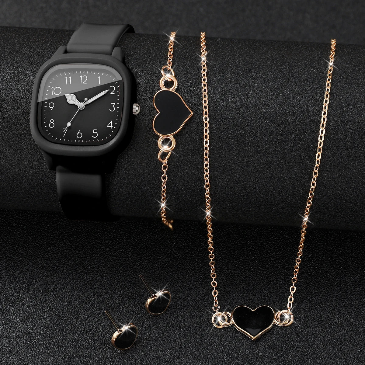 Women's 4-in-1 Square Watch & Jewelry Set | Black Silicone Watch & Jewelry Set Qme