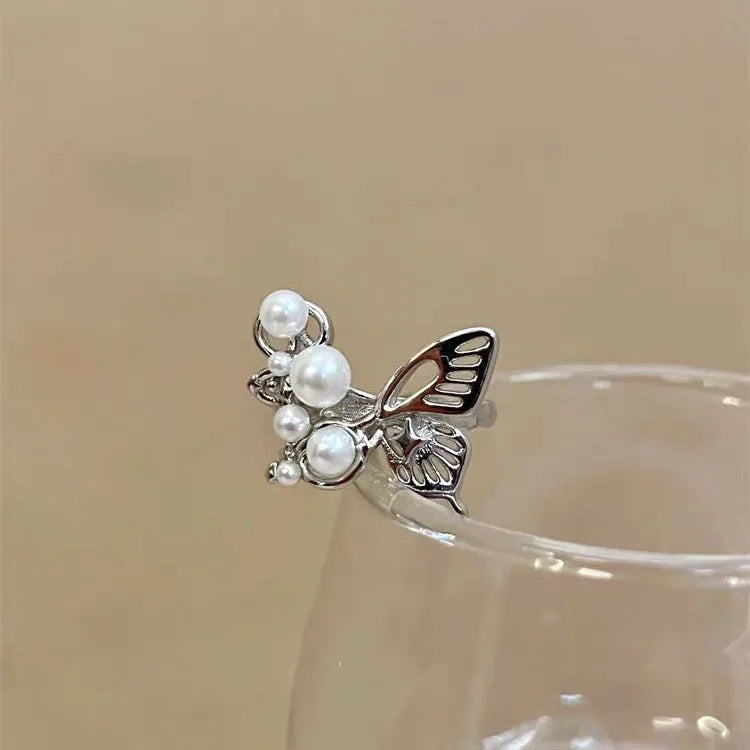 Silver Hollow Butterfly Pearl Open Adjustable Ring Fashion Ring Qme