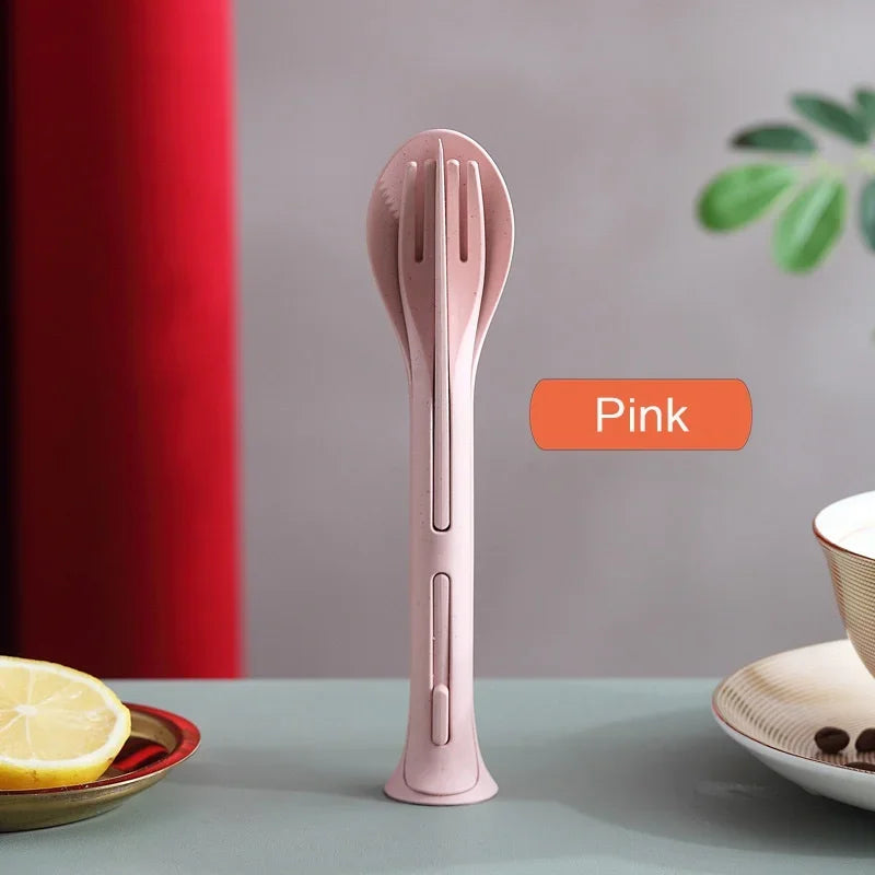 Wheat Straw Travel Cutlery Set – Spoon Fork Chopsticks Travel Cutlery Set Qme Pink