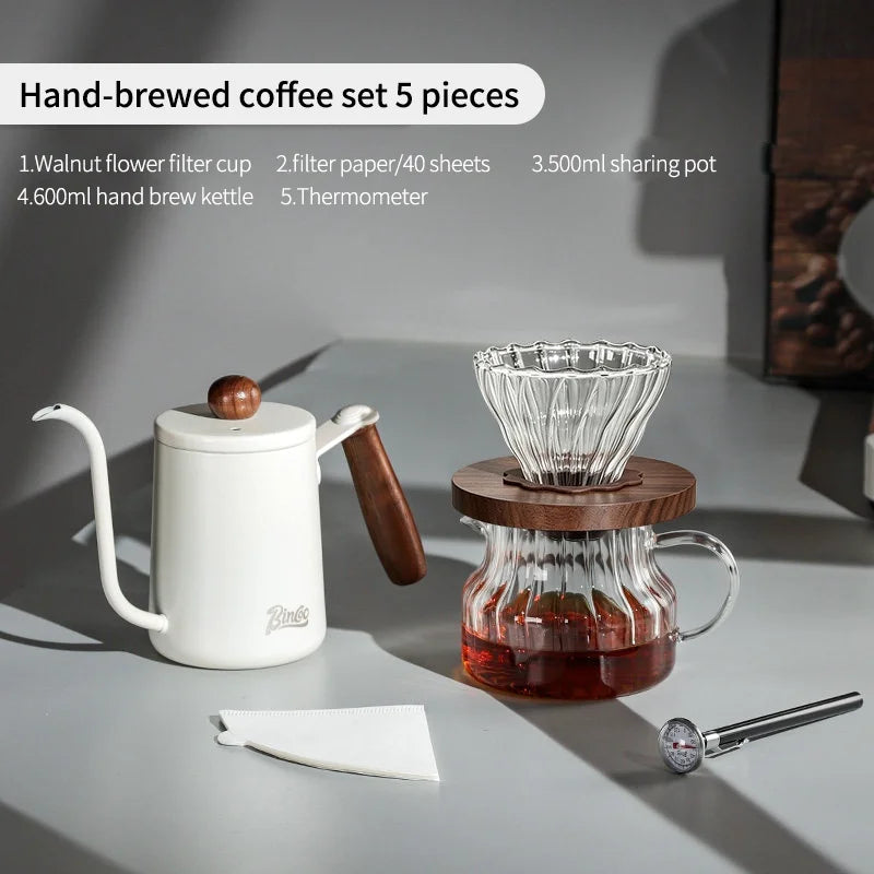 BINCOO Pour Over Coffee Kit – Dripper, Carafe, Kettle & Grinder Pour Over Coffee Set Qst 5 Piiece Set