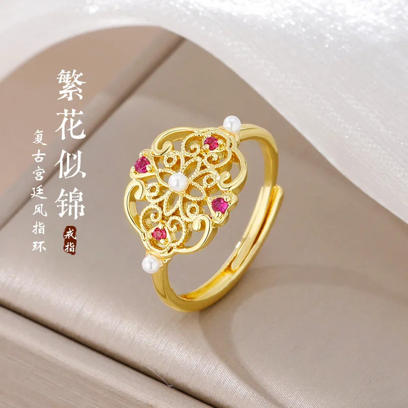 Chinese Retro Palace Adjustable Ring – Elegant Metal Jewelry Adjustable Fashion Ring Qme
