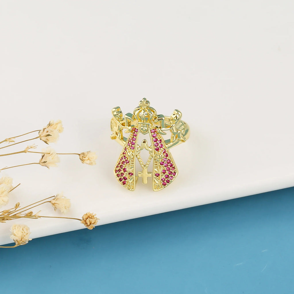 Adjustable Cubic Zirconia Cross Crown Flower Ring | 5 Colors Fashion Ring Qme Red resizable