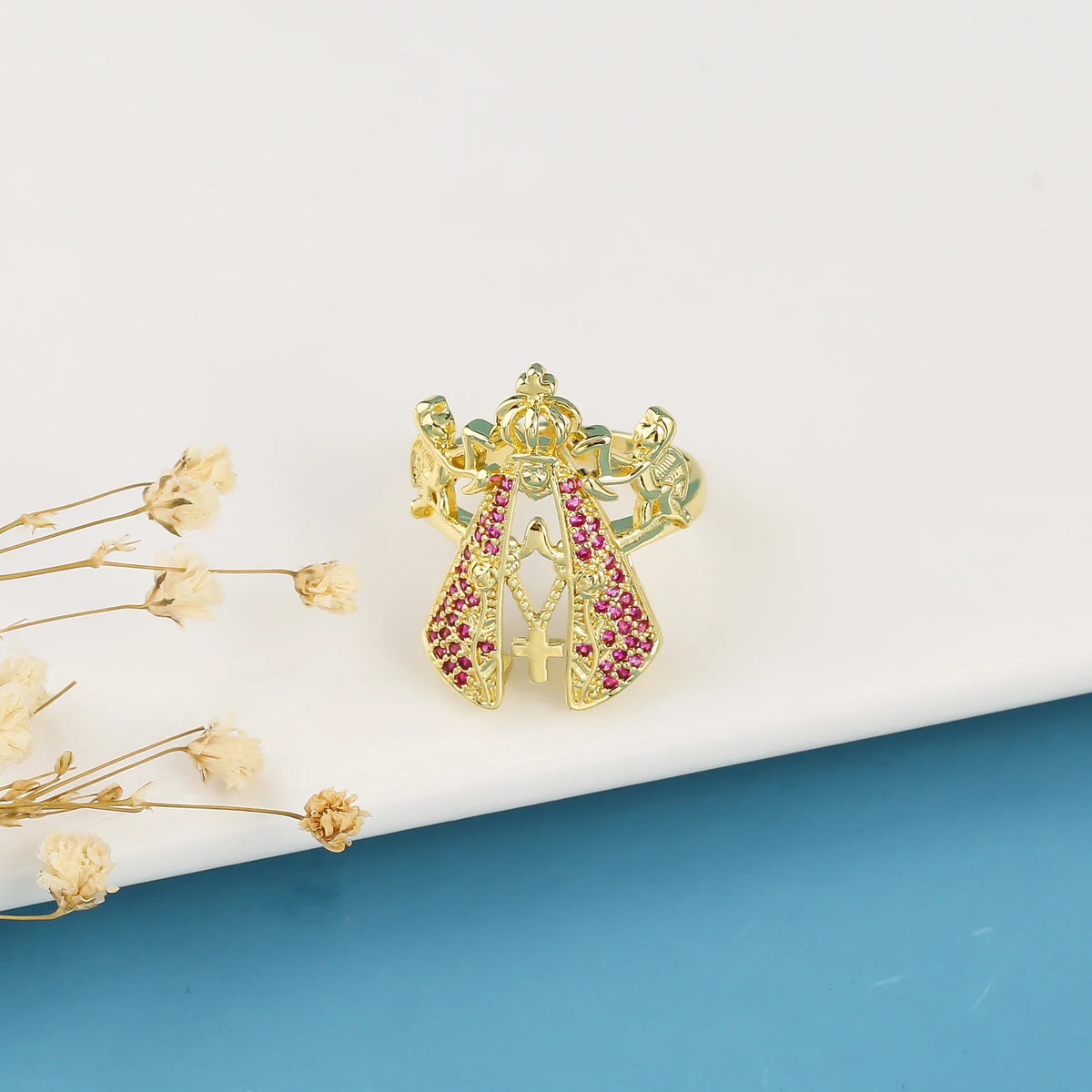 Adjustable Cubic Zirconia Cross Crown Flower Ring | 5 Colors Fashion Ring Qme Red resizable