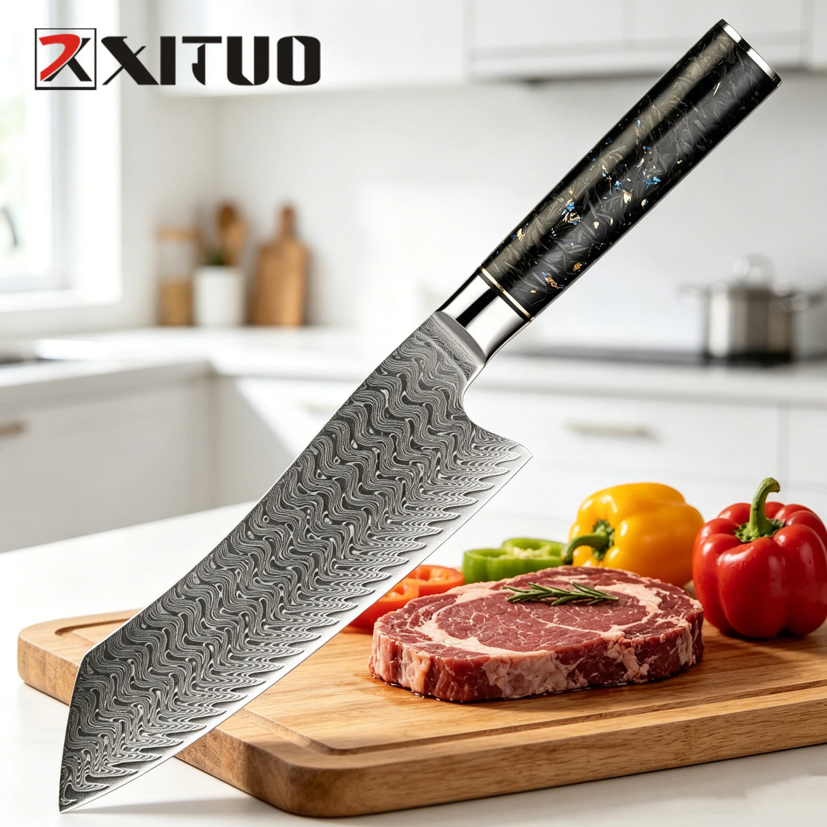 XITUO 7" Damascus Steel Santoku Knife – Carbon Fiber Handle Santoku Kitchen Knife Qst